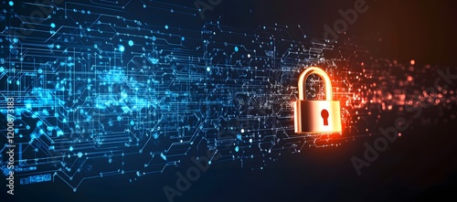 Cybersecurity Digital Lock with Blue and Orange Data Streams on Dark Background