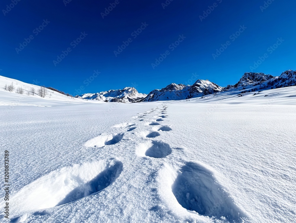 Obraz premium A snow covered field with footprints in the snow