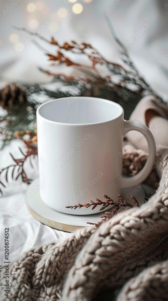 Cozy White Mug Surrounded by Knit Blanket and Natural Elements Cozy White Mug Surrounded by Knit Blanket and Natural Elements
