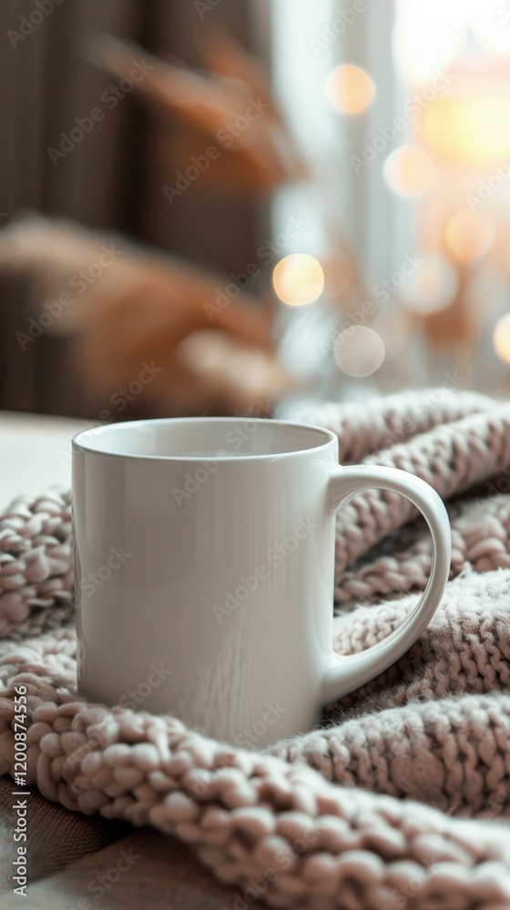Cozy White Mug on Soft Knit Blanket with Warm Background Bokeh Cozy White Mug on Soft Knit Blanket with Warm Background Bokeh