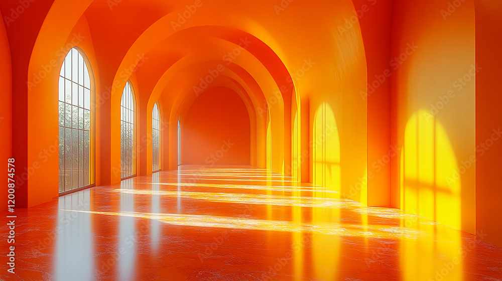 Vibrant Orange Archway Hallway with Natural Light Vibrant Orange Archway Hallway with Natural Light