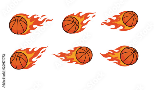 A vibrant showcases a collection of flaming fire  basketball  vector set illustration designs energy basketball is engulfed in dynamic flames, symbolizing speed,  of fiery reds, oranges, and yellows
