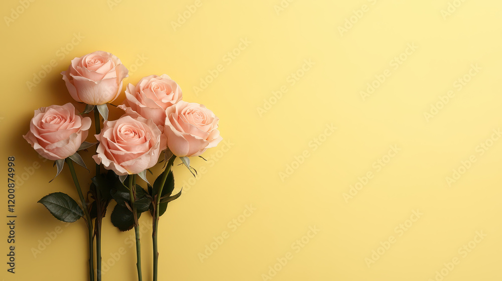 Fototapeta premium Fresh pink roses arranged beautifully against yellow background
