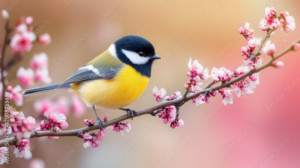 Vibrant Bird Perched Among Blossoming Pink Flowers in a Soft Background of Spring Colors and Natural Beauty, Celebrating Nature's Seasonal Splendor Vibrant Bird Perched Among Blossoming Pink Flowers in a Soft Background of Spring Colors and Natural Beauty, Celebrating Nature's Seasonal Splendor