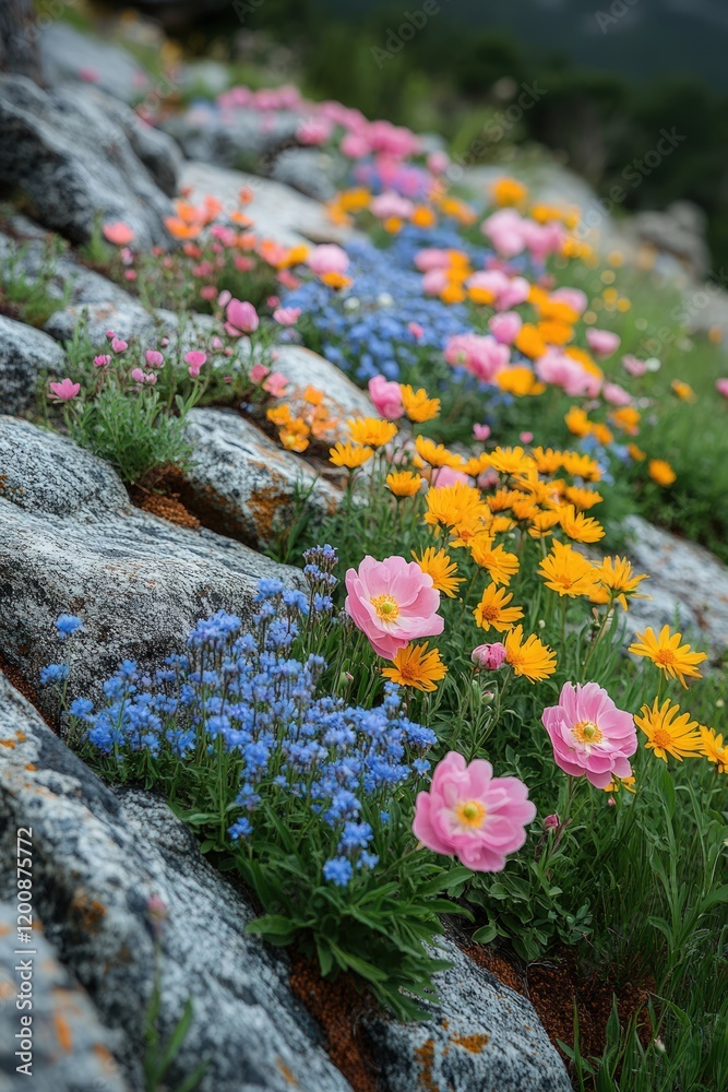 Obraz premium Colorful flowers blooming among rocks.