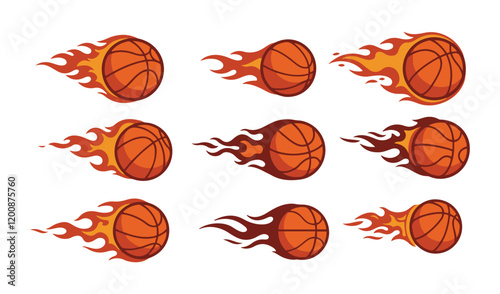 A vibrant showcases a collection of flaming fire  basketball  vector set illustration designs energy basketball is engulfed in dynamic flames, symbolizing speed,  of fiery reds, oranges, and yellows
