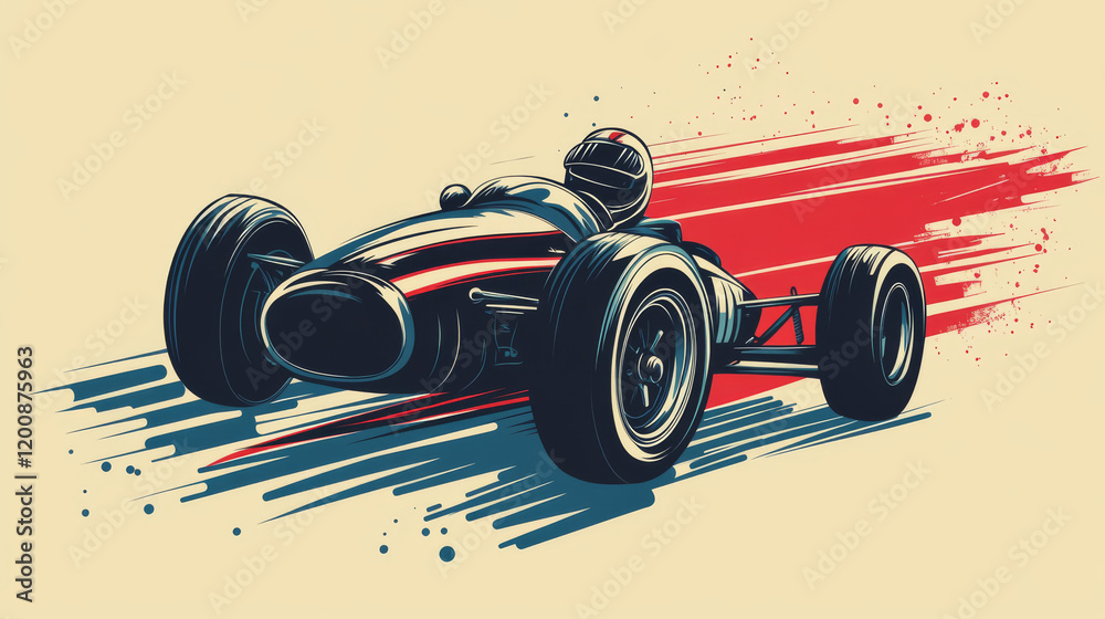 Obraz premium Retro racing car vector icon of race sport competition. Vintage speed car isolated symbol of old classic vehicle with racer in helmet, wind screen and red speed motion trail