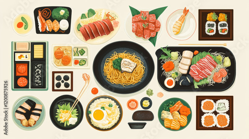 Japanese cuisine vector nicy jaga potatoes with meat, buckwheat soba noodles and salmon. Baked scad, green beans with scallops and eel salad udzaku with braised beef skiaki, Japan food posters set photo