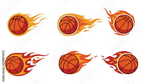 A vibrant showcases a collection of flaming fire  basketball  vector set illustration designs energy basketball is engulfed in dynamic flames, symbolizing speed,  of fiery reds, oranges, and yellows
