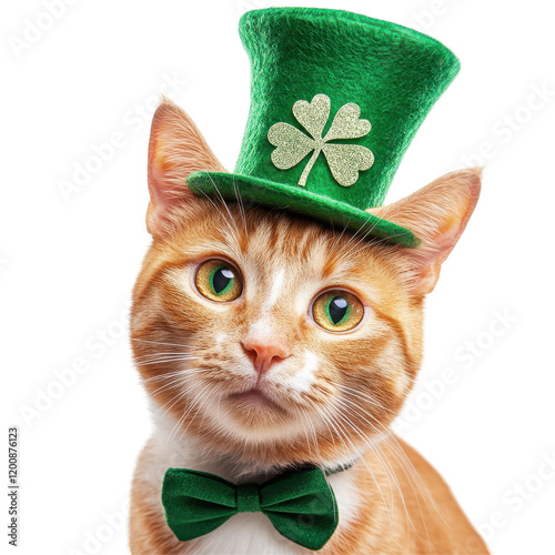 Lucky Cat in Green Hat: A charming orange tabby cat sporting a green top hat with a shamrock design and a matching bow tie, looks mischievously towards the camera. photo