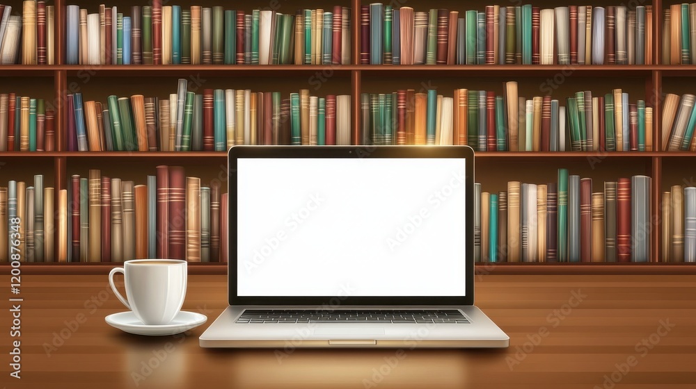 Laptop with blank screen on table in Modern library or bookstore interior with Learning and coworking space,relax zone,Library with rows of bookshelves,school or university,education concept. Laptop with blank screen on table in Modern library or bookstore interior with Learning and coworking space,relax zone,Library with rows of bookshelves,school or university,education concept.