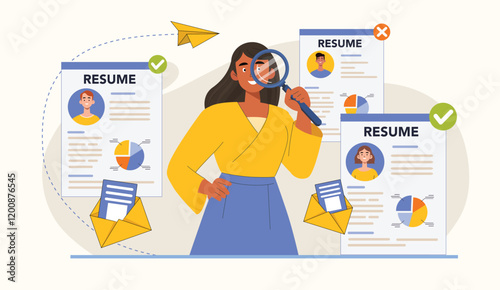 Job Hiring Illustration with Resume Review and Evaluation Illustrates a hiring manager reviewing a resume, with evaluation marks or highlights.