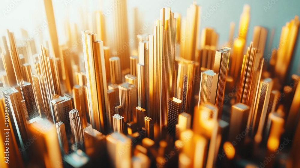 Abstract Golden Cityscape with Tall Structures and Sunlight Reflection Abstract Golden Cityscape with Tall Structures and Sunlight Reflection