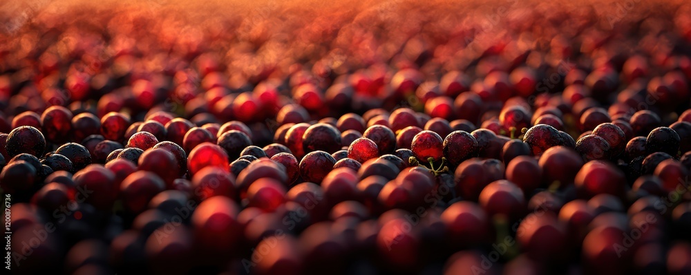 Obraz premium Sunlit cranberry harvest: a close-up view of fresh berries in glowing light