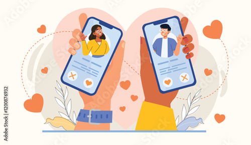 Online Dating Illustration 100 Percent True Love Found Symbolizes a successful and true love connection between two online dating users.
