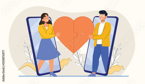Online Dating Illustration Match Found Depicts the moment when two individuals find a match in an online dating app.
