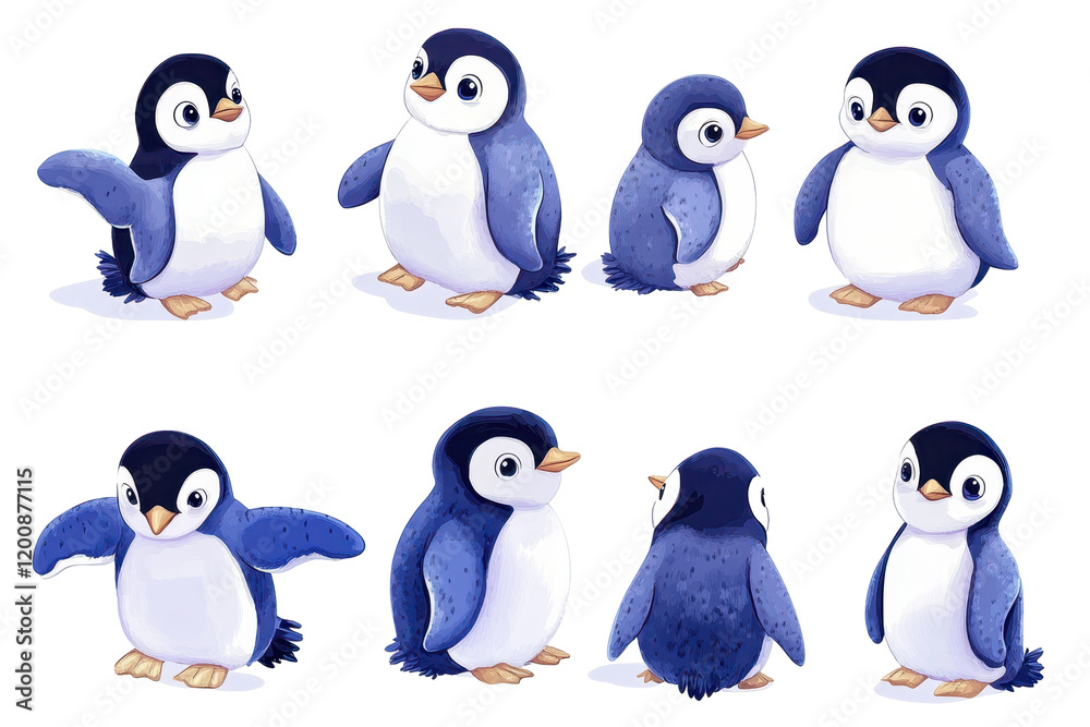Naklejka premium Adorable Penguin Poses: A set of eight charming hand-drawn penguins in various poses, showcasing their unique waddle and flightless charm. perfect for children's illustrations, branding.