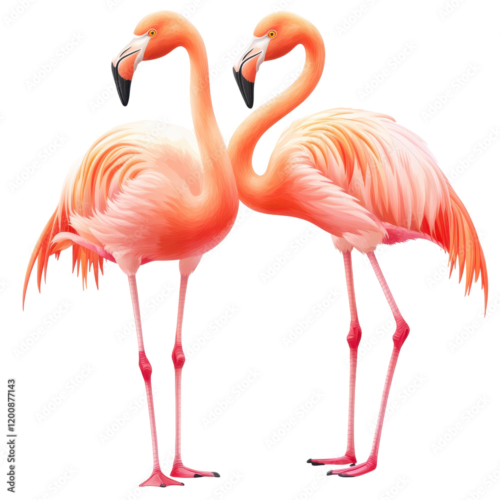 Pink Flamingo Pair: Two vibrant pink flamingos stand elegantly side-by-side, their necks curved in a graceful pose, creating a captivating image of tropical beauty. Pink Flamingo Pair: Two vibrant pink flamingos stand elegantly side-by-side, their necks curved in a graceful pose, creating a captivating image of tropical beauty.