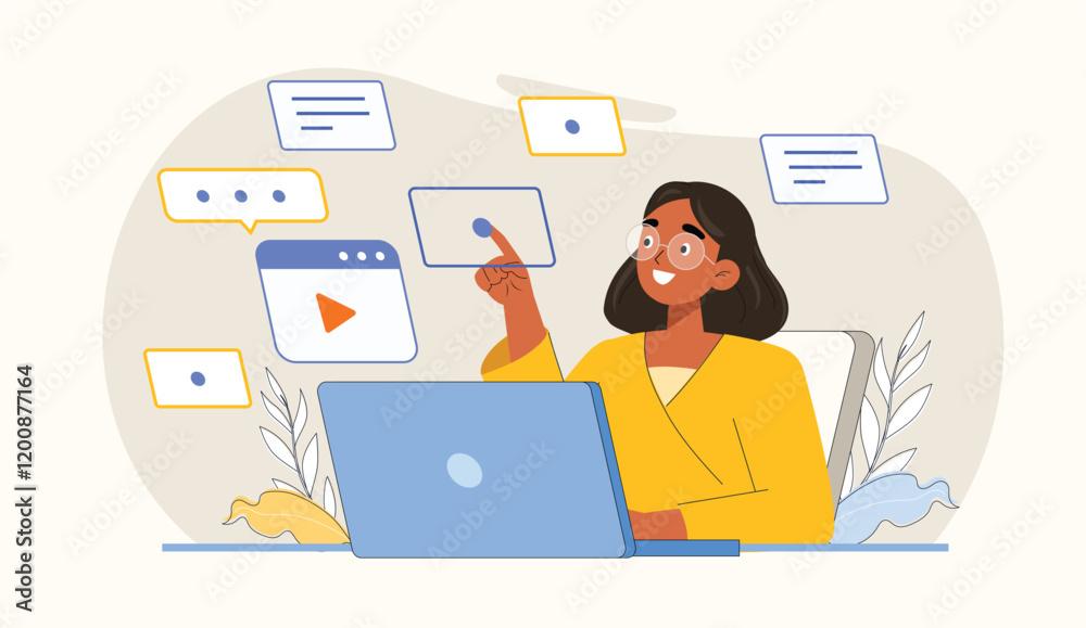 Online Education with Interactive Learning Interface Illustration Depicts an interactive learning platform where a student participates in online lessons.