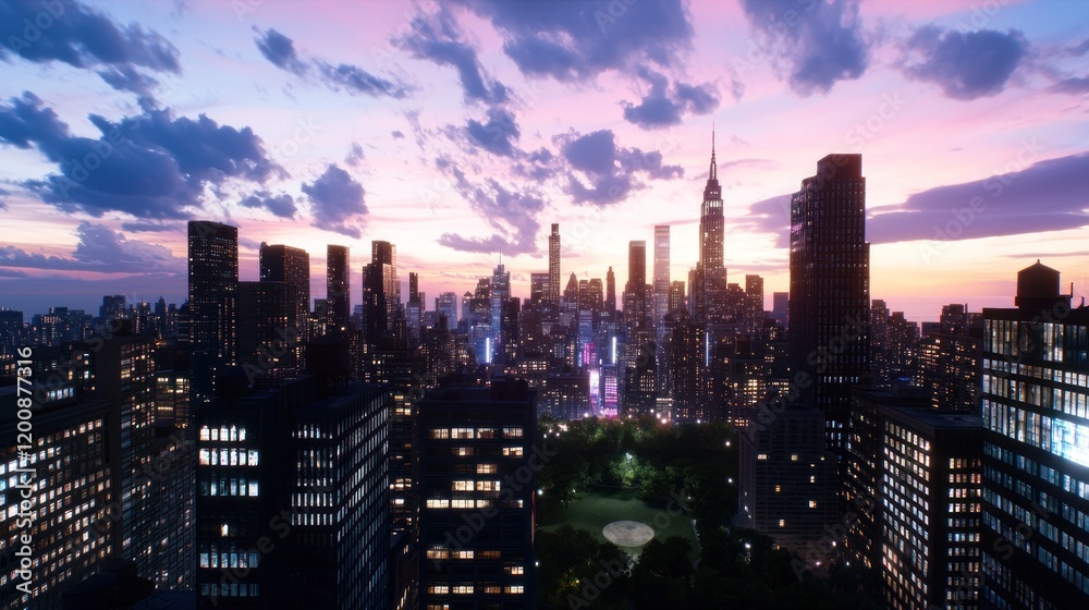 Obraz premium Sunset over a city skyline with buildings and park.