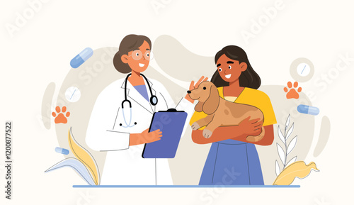 Pet Care Clinic Illustration with Veterinarian and Pet Owner Holding Dog Depicts a veterinarian discussing a pet's health with an owner, holding a dog.