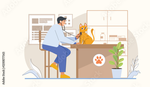 Pet Care Clinic Illustration with Veterinarian Examining Cat A veterinarian examining a cat in a pet care clinic.
