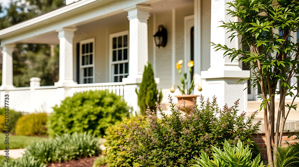 Fototapeta premium Luxury Home Exterior with Landscaping and Porch. Beautiful Residential Property with Columns and Green Plants. Real Estate Photography