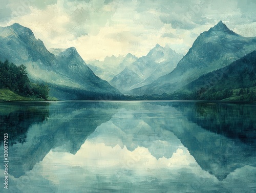 Serene lake reflects majestic mountains. Teal and green hues create a tranquil mood. Ideal for nature lovers and peaceful settings.  Wallpaper, art print, or calming visual. photo