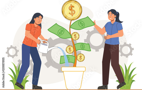 Business Finance Illustration with Growing Money Tree A tree with growing money instead of leaves, representing financial growth and prosperity.