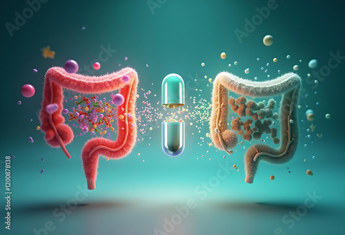 A sleek 3D model of fecal microbiota transplantation (FMT) showing glowing microbiota flowing between a donor and recipient via a futuristic capsule, set on a gradient background.