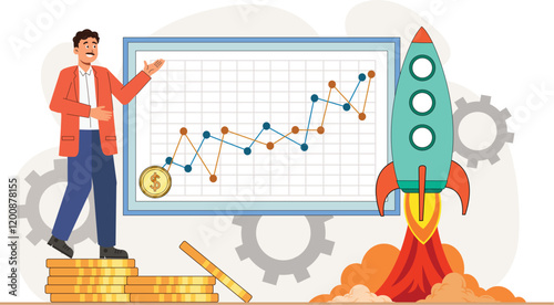 Business Finance Illustration with Rocket and Growth Graph A rocket taking off alongside a financial growth chart to symbolize financial success and expansion.