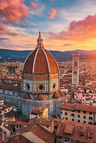 Majestic view of Florence's iconic dome at sunset, showcasing vibrant orange hues in the sky above the historic city landscape.