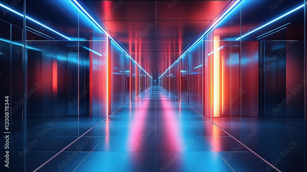 Modern Office Corridor with Sleek Glass Partitions and Neon Lights Modern Office Corridor with Sleek Glass Partitions and Neon Lights