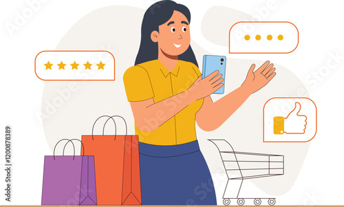 Customer Review Illustration with Shopping Bags and Phone Shows a customer providing feedback after shopping online, with shopping bags and a mobile device.