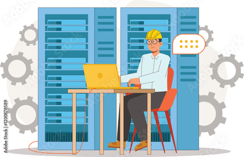 Data Center Technician Illustration Working on Laptop for Server Maintenance Focuses on the technician working on a laptop to fix server issues remotely.