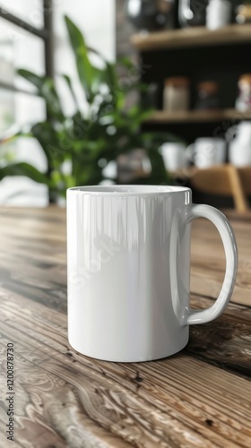 Wallpaper Mural Blank white coffee mug on wooden table in cozy cafe setting Torontodigital.ca