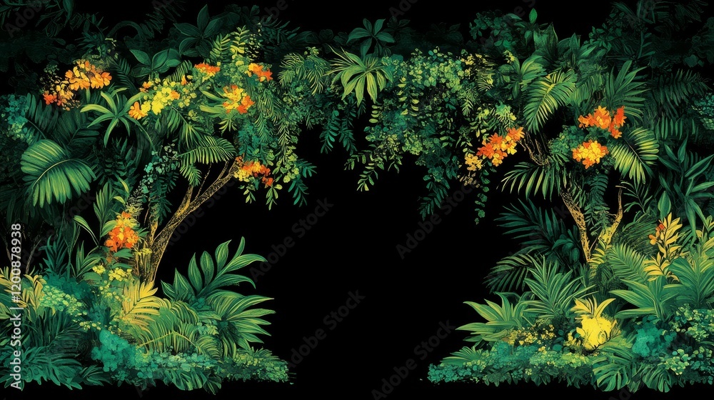 Lush Tropical Foliage Archway with Yellow Blossoms and Dark Background Lush Tropical Foliage Archway with Yellow Blossoms and Dark Background
