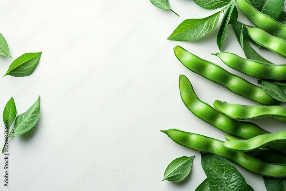 Fototapeta premium Fresh Green Beans and Leaves on White Background