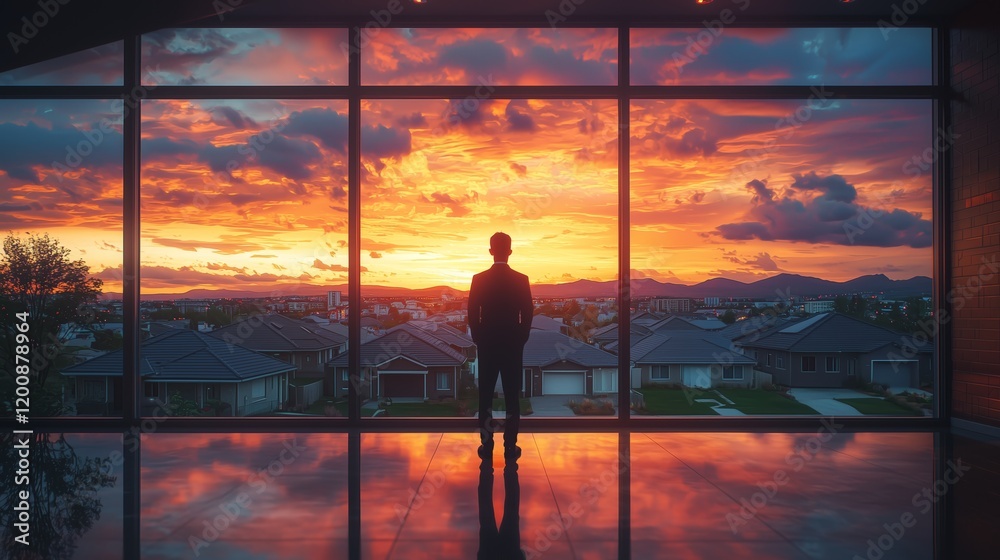 Fototapeta premium Man Silhouetted Against Vibrant Sunset Over Suburban Landscape