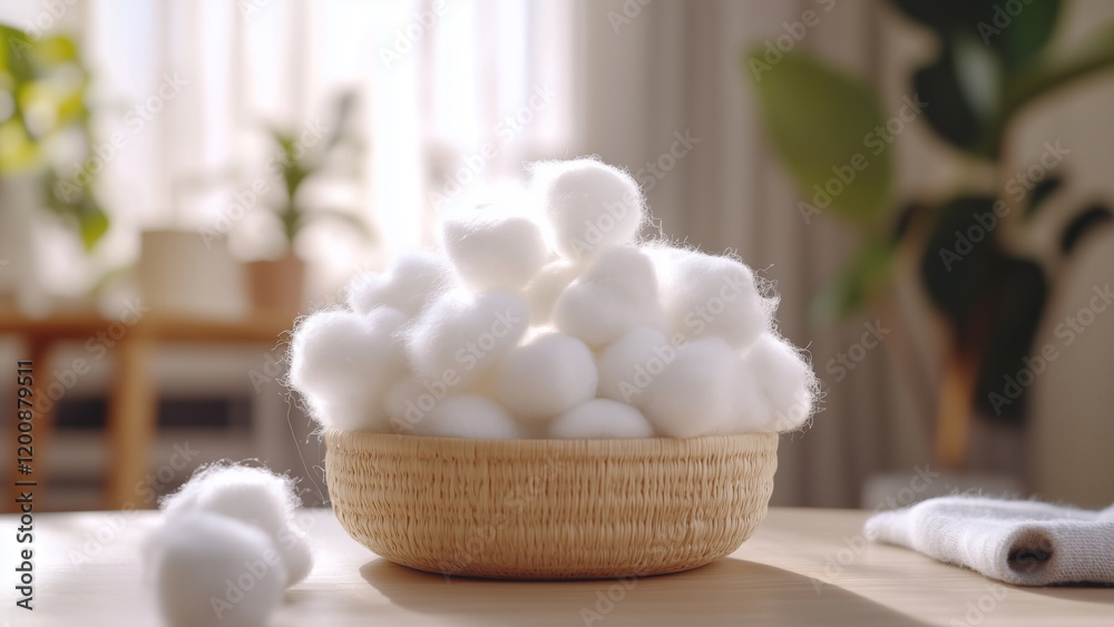 White cotton wool in a container placed on the wooden table in a house living room, for skincare use White cotton wool in a container placed on the wooden table in a house living room, for skincare use