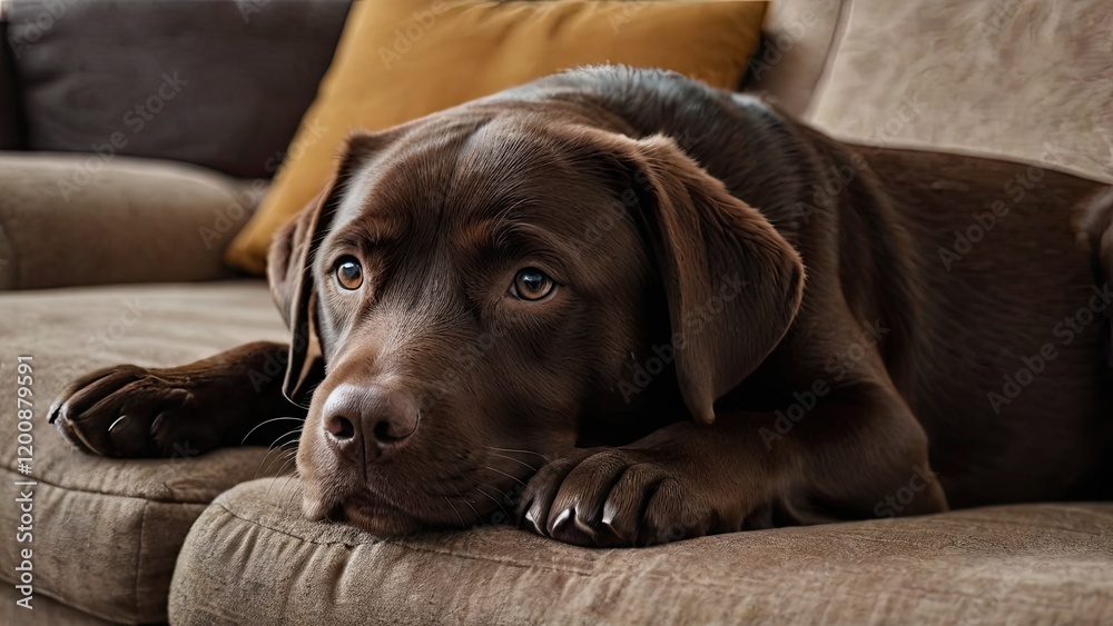 Chocolate labrador retriever dog lying on sofa in living room Chocolate labrador retriever dog lying on sofa in living room