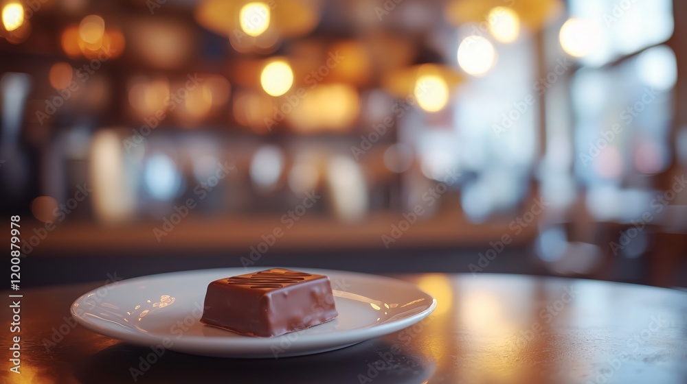 Chocolate Piece on a White Plate with Blurred Café Background Chocolate Piece on a White Plate with Blurred Café Background