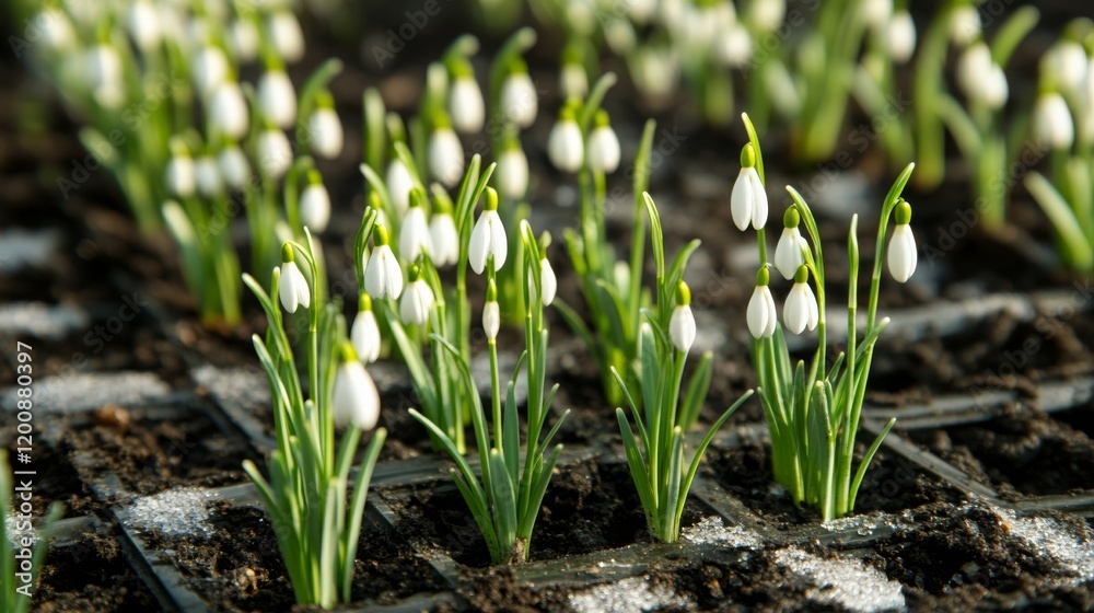 Delicate Snowdrop Flowers Peeking Out from Rich Soil in a Greenhouse Environment, Symbolizing New Beginnings and the Arrival of Spring Season Delicate Snowdrop Flowers Peeking Out from Rich Soil in a Greenhouse Environment, Symbolizing New Beginnings and the Arrival of Spring Season