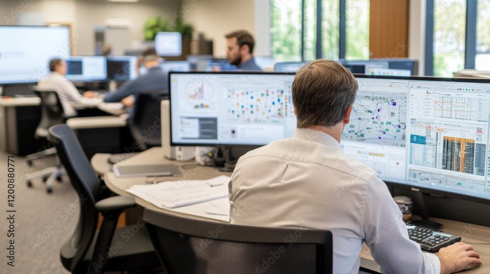 team of engineers working in modern office, analyzing data on multiple computer screens, focusing on IoT device performance and system optimization team of engineers working in modern office, analyzing data on multiple computer screens, focusing on IoT device performance and system optimization