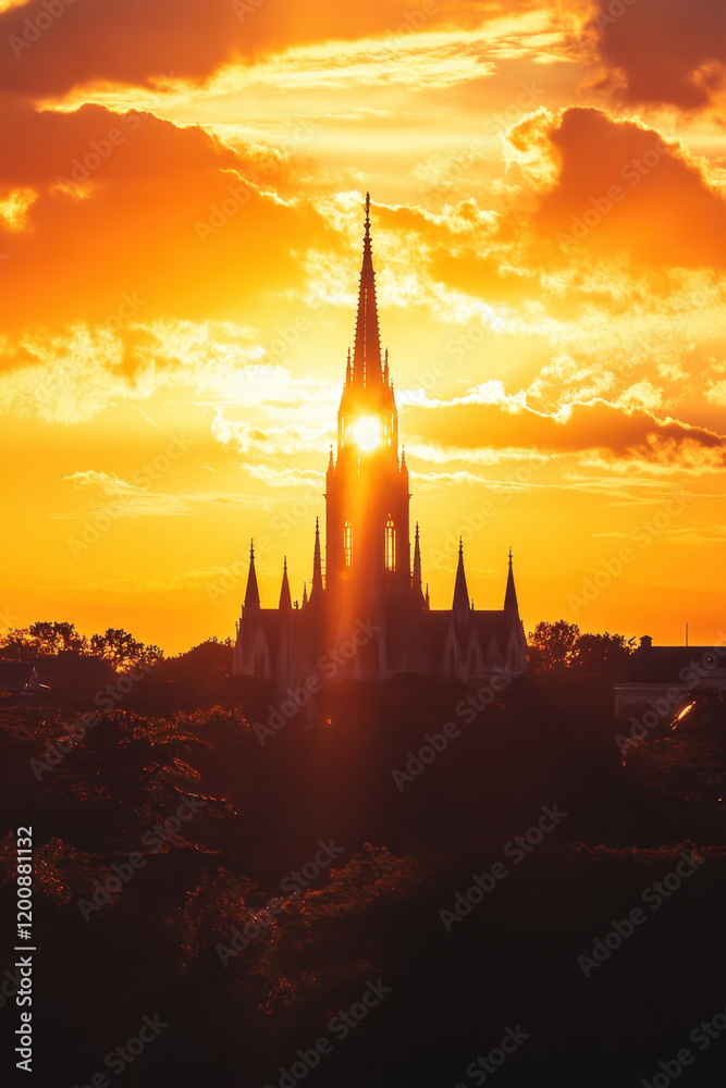 Fototapeta premium A stunning church silhouette against a vibrant sunset sky, with dramatic clouds casting a warm glow over the scene.