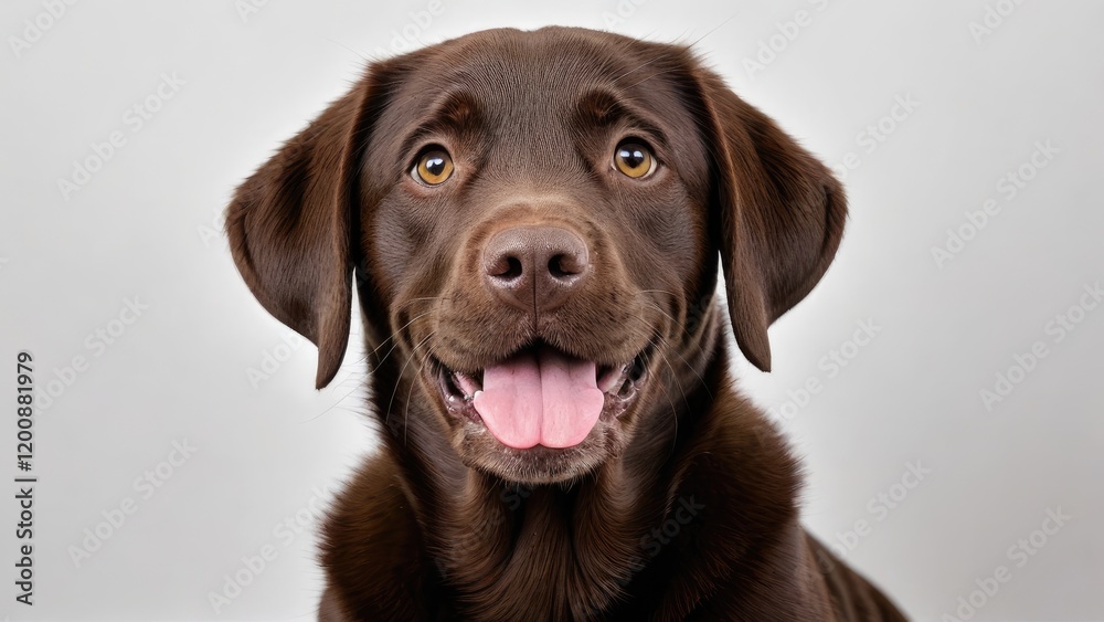 Portrait of Chocolate labrador retriever dog on grey background Portrait of Chocolate labrador retriever dog on grey background