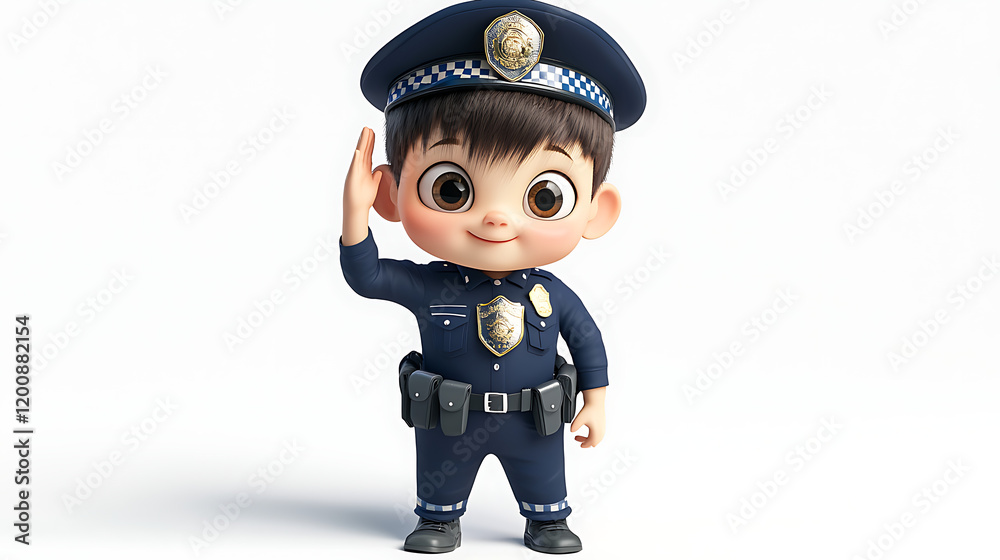 Fototapeta premium Adorable Cartoon Police Officer Boy Saluting 3D Render Child Cute Uniform