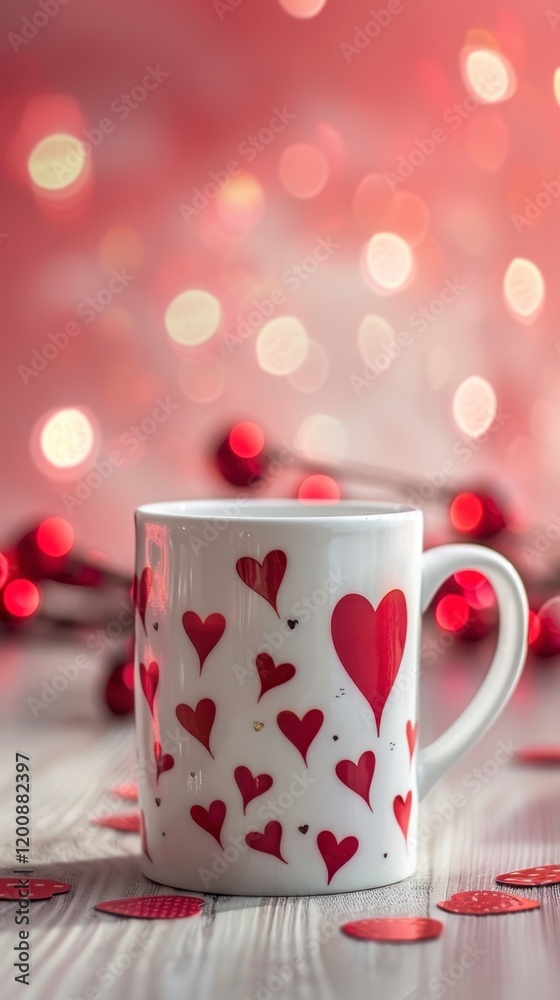 Fototapeta premium Cozy White Mug with Red Hearts on a Soft Pink Background