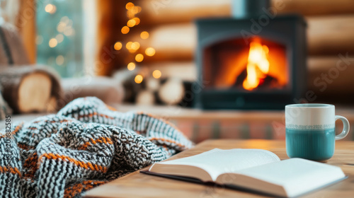 cozy reading nook with open book, warm blanket, and mug on wooden table near fireplace, creating relaxing and inviting atmosphere