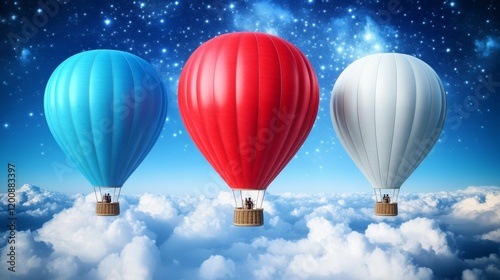Three vibrant hot air balloons ascending through a dreamy cloudscape at night